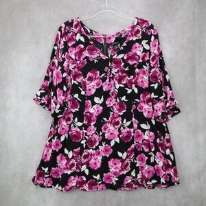 Torrid Floral Blouse 3/4 Sleeve V-Neck Tunic Top Black Pink Rose Print‎ Flowy 2